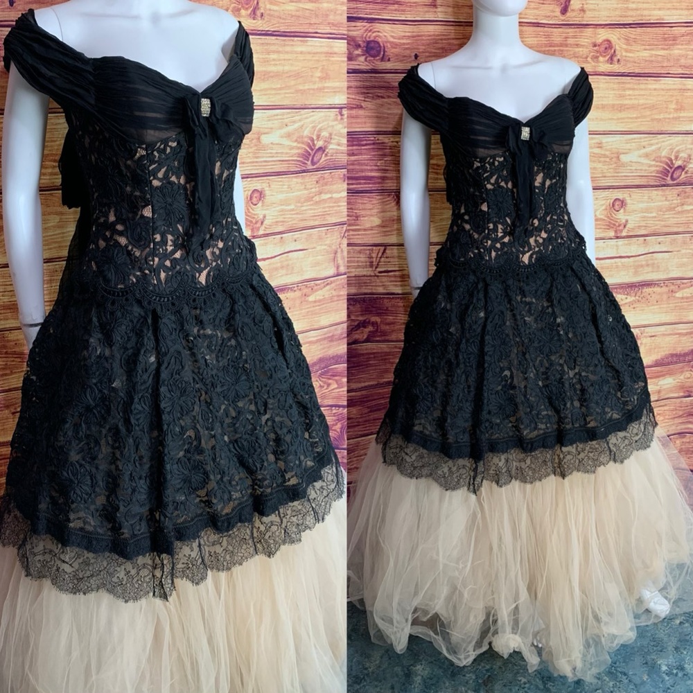 Vintage Black Lace & Nude Tulle Sweetheart Gown